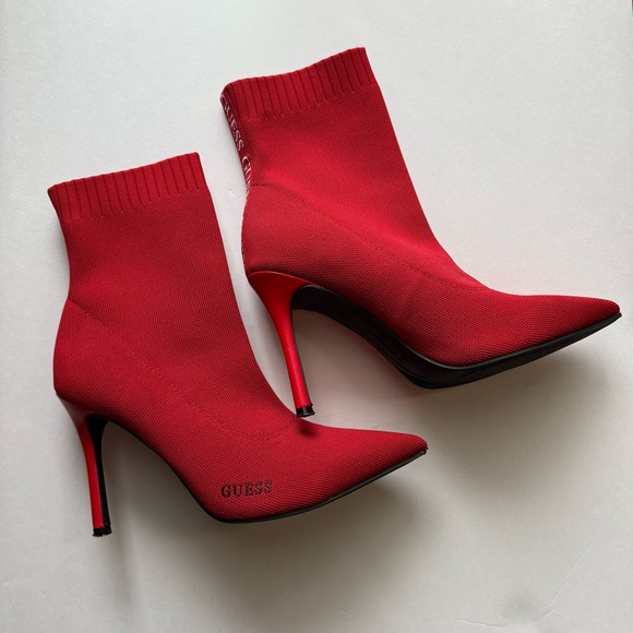 Guess Shoes - Guess Red Stiletto Knit Sock Mesh Ankle Booties